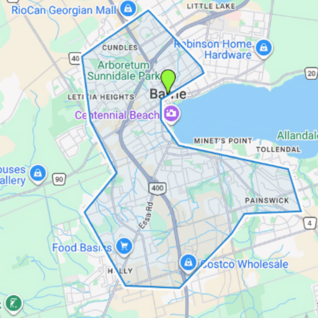 The image shows the postcard distribution area of Barrie, On