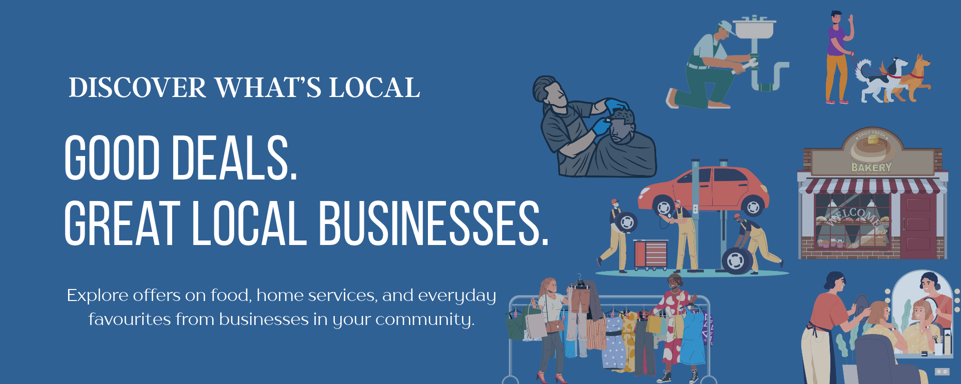 Photo has cartoon images of local businesses of barber, mechanic, dog walker, salon, bakery and clothing store.